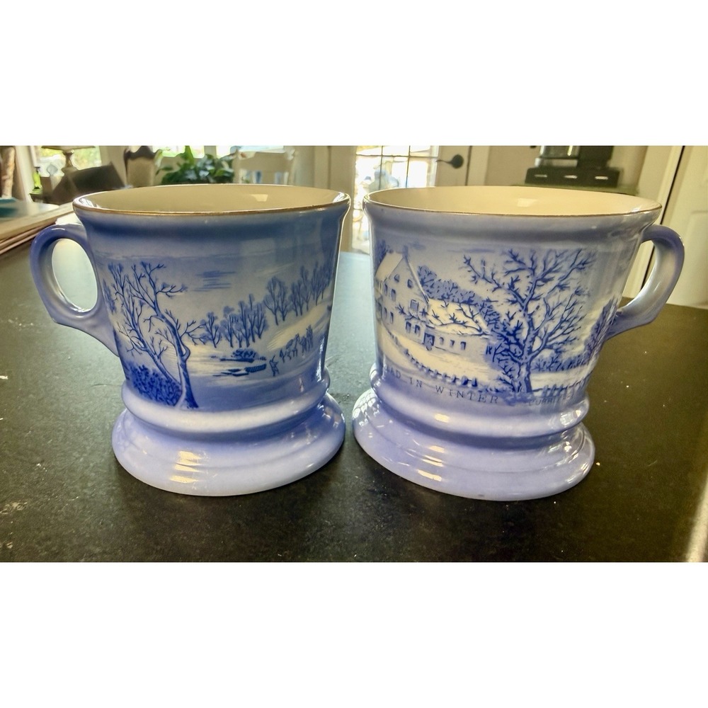 2 Vintage 'A Home In The Wilderness' Currier & Ives Blue Porcelain Cups/Mugs